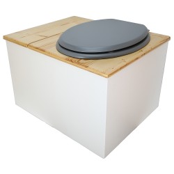Toilette sèche avec bac à copeaux de bois blanc/huilé. Livré avec bavette inox et seau 22 litres, abattant gris