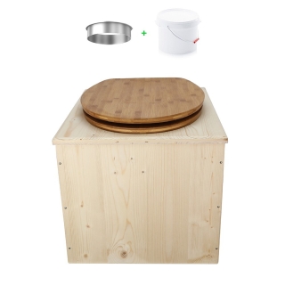 Toilette sèche en bois brut avec seau plastique 22 Litres