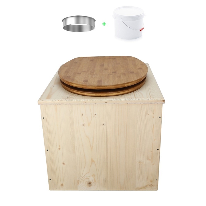 Toilette sèche en bois brut avec seau plastique 22 Litres