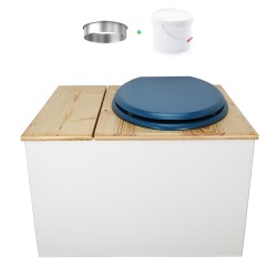 Toilette sèche avec bac à copeaux de bois blanc/huilé. Livré avec bavette inox et seau 22 litres, abattant bleu