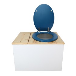 Toilette sèche avec bac à copeaux de bois blanc/huilé. Livré avec bavette inox et seau 22 litres, abattant bleu