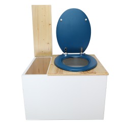 Toilette sèche avec bac à copeaux de bois blanc/huilé. Livré avec bavette inox et seau 22 litres, abattant bleu