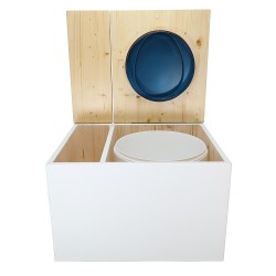 Toilette sèche avec bac à copeaux de bois blanc/huilé. Livré avec bavette inox et seau 22 litres, abattant bleu