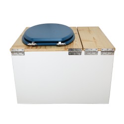 Toilette sèche avec bac à copeaux de bois blanc/huilé. Livré avec bavette inox et seau 22 litres, abattant bleu