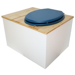 Toilette sèche avec bac à copeaux de bois blanc/huilé. Livré avec bavette inox et seau 22 litres, abattant bleu