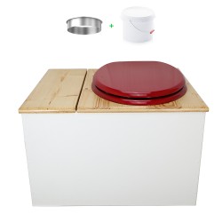 Toilette sèche avec bac à copeaux de bois blanc/huilé. Livré avec bavette inox et seau 22 litres, abattant rouge