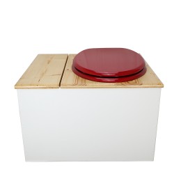 Toilette sèche avec bac à copeaux de bois blanc/huilé. Livré avec bavette inox et seau 22 litres, abattant rouge