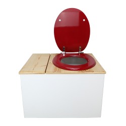 Toilette sèche avec bac à copeaux de bois blanc/huilé. Livré avec bavette inox et seau 22 litres, abattant rouge