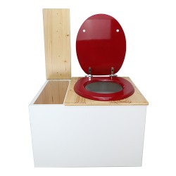 Toilette sèche avec bac à copeaux de bois blanc/huilé. Livré avec bavette inox et seau 22 litres, abattant rouge