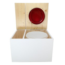 Toilette sèche avec bac à copeaux de bois blanc/huilé. Livré avec bavette inox et seau 22 litres, abattant rouge