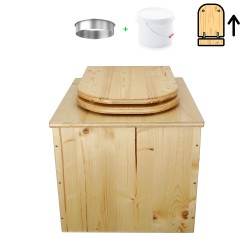 Toilette sèche en bois huilé avec seau plastique 22L, bavette inox et abattant bois déclipsable