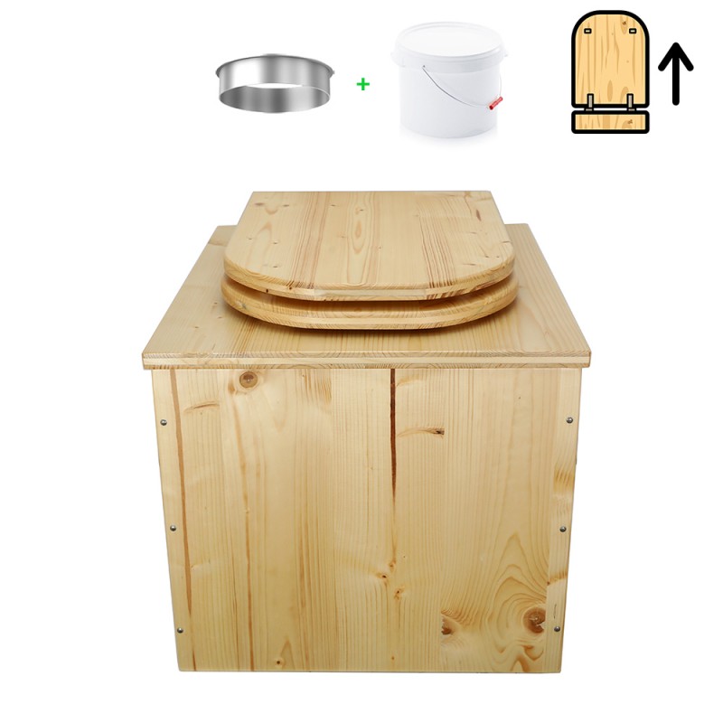 Toilette sèche en bois huilé avec seau plastique 22L, bavette inox et abattant bois déclipsable