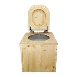 Toilette sèche en bois huilé avec seau plastique 22L, bavette inox et abattant bois déclipsable