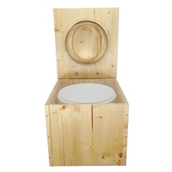 Toilette sèche en bois huilé avec seau plastique 22L, bavette inox et abattant bois déclipsable