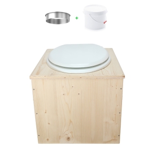 Toilette sèche en bois avec seau 22 Litres + bavette inox et abattant blanc