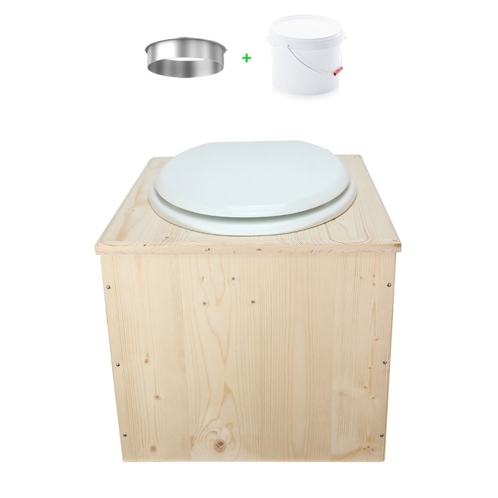 Toilette sèche en bois avec seau 22 Litres + bavette inox et abattant blanc