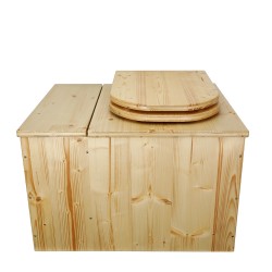 Toilette sèche avec bac à copeaux de bois intégré en bois huilé avec bavette inox et seau plastique 22L, abattant déclipsable
