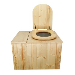 Toilette sèche avec bac à copeaux de bois intégré en bois huilé avec bavette inox et seau plastique 22L, abattant déclipsable