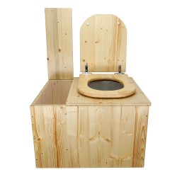 Toilette sèche avec bac à copeaux de bois intégré en bois huilé avec bavette inox et seau plastique 22L, abattant déclipsable