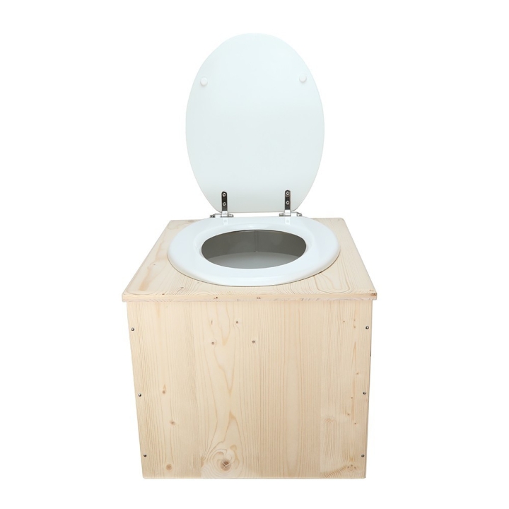  Toilette sèche en bois avec seau 22 Litres + bavette inox et abattant blanc