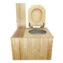 Toilette sèche avec bac à copeaux de bois intégré en bois huilé avec bavette inox et seau plastique 22L, abattant déclipsable