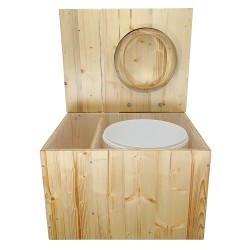 Toilette sèche avec bac à copeaux de bois intégré en bois huilé avec bavette inox et seau plastique 22L, abattant déclipsable