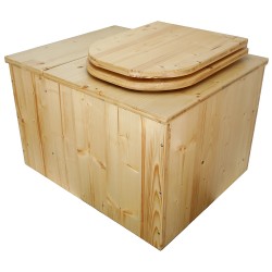 Toilette sèche avec bac à copeaux de bois intégré en bois huilé avec bavette inox et seau plastique 22L, abattant déclipsable