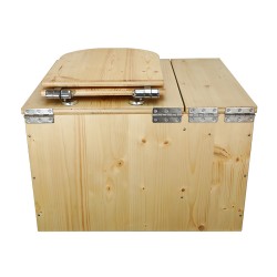 Toilette sèche avec bac à copeaux de bois intégré en bois huilé avec bavette inox et seau plastique 22L, abattant déclipsable