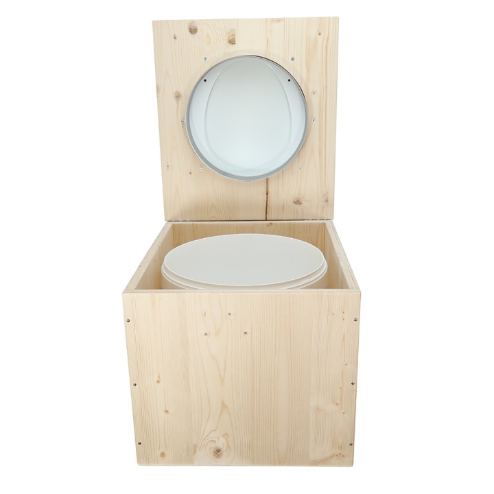  Toilette sèche en bois avec seau 22 Litres + bavette inox et abattant blanc