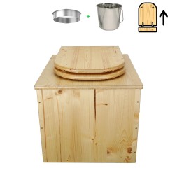 Toilette sèche en bois huilé avec seau inox, bavette inox et abattant bois déclipsable