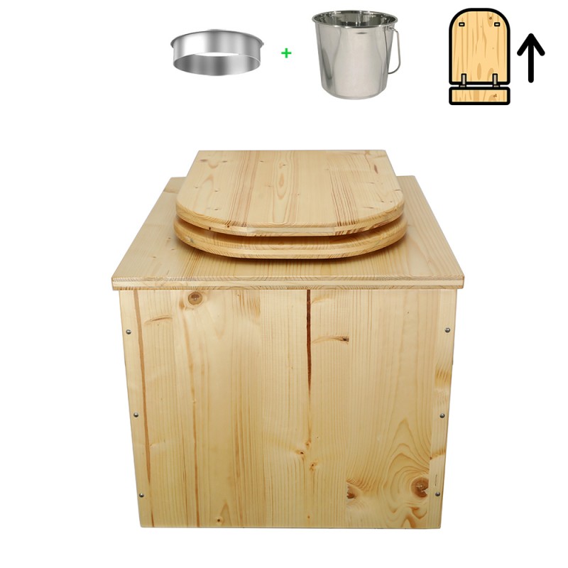 Toilette sèche en bois huilé avec seau inox, bavette inox et abattant bois déclipsable