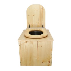 Toilette sèche en bois huilé avec seau inox, bavette inox et abattant bois déclipsable