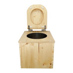 Toilette sèche en bois huilé avec seau inox, bavette inox et abattant bois déclipsable