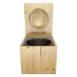 Toilette sèche en bois huilé avec seau inox, bavette inox et abattant bois déclipsable
