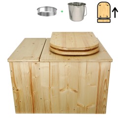 Toilette sèche avec bac à copeaux de bois intégré en bois huilé avec bavette inox et seau inox, abattant bois déclipsable