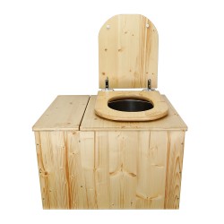 Toilette sèche avec bac à copeaux de bois intégré en bois huilé avec bavette inox et seau inox, abattant bois déclipsable
