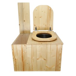 Toilette sèche avec bac à copeaux de bois intégré en bois huilé avec bavette inox et seau inox, abattant bois déclipsable