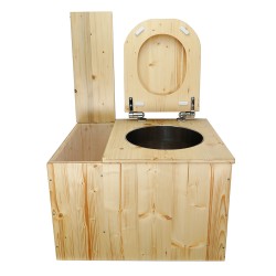Toilette sèche avec bac à copeaux de bois intégré en bois huilé avec bavette inox et seau inox, abattant bois déclipsable