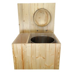 Toilette sèche avec bac à copeaux de bois intégré en bois huilé avec bavette inox et seau inox, abattant bois déclipsable