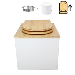 Toilette sèche en bois blanc/huilé avec seau plastique 22L, bavette inox et abattant bois déclipsable
