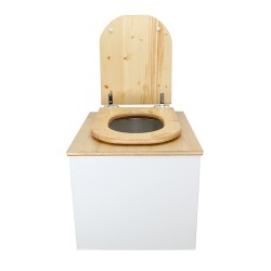 Toilette sèche en bois blanc/huilé avec seau plastique 22L, bavette inox et abattant bois déclipsable