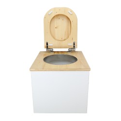 Toilette sèche en bois blanc/huilé avec seau plastique 22L, bavette inox et abattant bois déclipsable