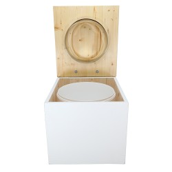 Toilette sèche en bois blanc/huilé avec seau plastique 22L, bavette inox et abattant bois déclipsable