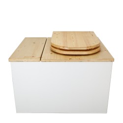 Toilette sèche avec bac à copeaux de bois intégré en bois blanc/huilé avec bavette inox et seau 22L, abattant déclipsable