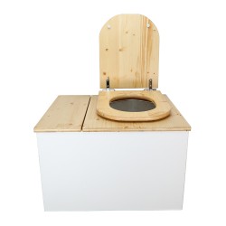 Toilette sèche avec bac à copeaux de bois intégré en bois blanc/huilé avec bavette inox et seau 22L, abattant déclipsable