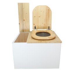 Toilette sèche avec bac à copeaux de bois intégré en bois blanc/huilé avec bavette inox et seau 22L, abattant déclipsable