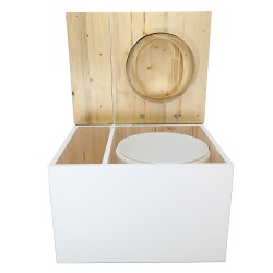Toilette sèche avec bac à copeaux de bois intégré en bois blanc/huilé avec bavette inox et seau 22L, abattant déclipsable