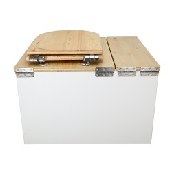 Toilette sèche avec bac à copeaux de bois intégré en bois blanc/huilé avec bavette inox et seau 22L, abattant déclipsable
