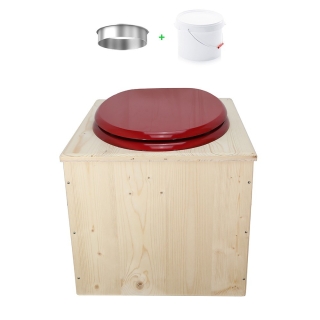 Toilette sèche en bois brut avec seau 22 Litres plastique + bavette inox - abattant bois rouge