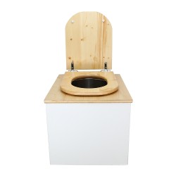 Toilette sèche en bois blanc/huilé avec seau inox, bavette inox et abattant bois déclipsable